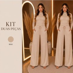 Conjunto Feminino Inverno Calça Pantalona e Blusa Manga Longa Elegante