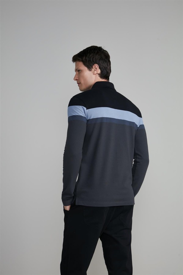 Camisa Polo Manga Longa Piquet Slim Fit - Preto-Cinza Chumbo