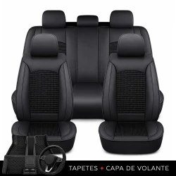 Kit Completo de Capas para Banco de Carro Turbo em Couro Legítimo Universal 5 Lugares Com Airbag + Tapetes e Capa de Volante