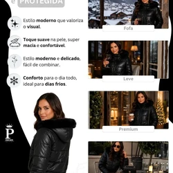 Jaqueta Puffer Feminina De Couro Forrada com Pelinho