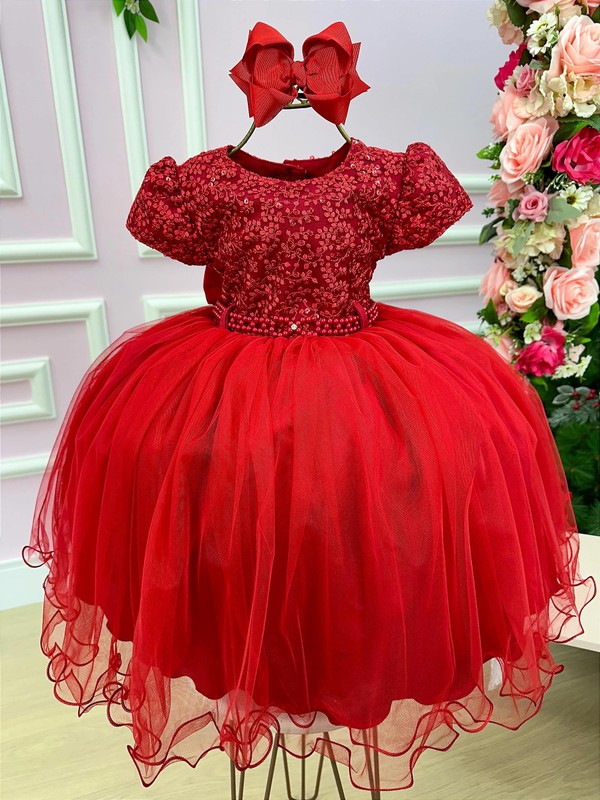 Vestido Luxuoso Bordado com Flores Brilhantes - Vermelho