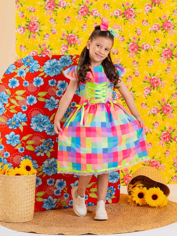 Vestido Junino - Xadrez Cores do Arco-íris 