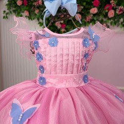 Vestido Fantasia Luxo – Jardim Encantado - Rosa C/Borboletas Azuis 
