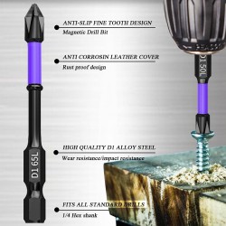 Chave de fenda magnética antiderrapante Bits, Phillips à prova de choque, Impact Bits, Hex Shank, Alloy Steel Bits, Adequado para ferramentas elétricas, 6 pcs, 12 pcs