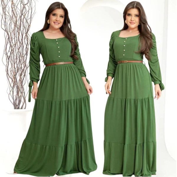 Vestido Longo Feminino Manga Longa Com Perolas E Laço Moda Evangelica Plus Size Para Congresso Luxo