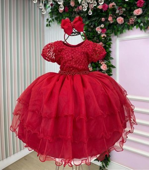 Vestido Luxo Manga Bordada - Vermelho 