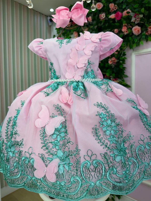 Vestido Luxuoso - Jardim Encanto - Rosa C/Verde Tiffany 