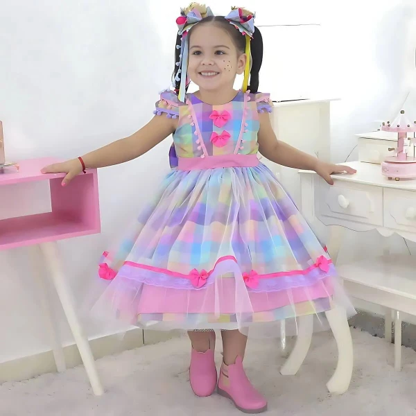 Vestido Festa Junina Xadrez  + Saia de Armação + 2 Laços