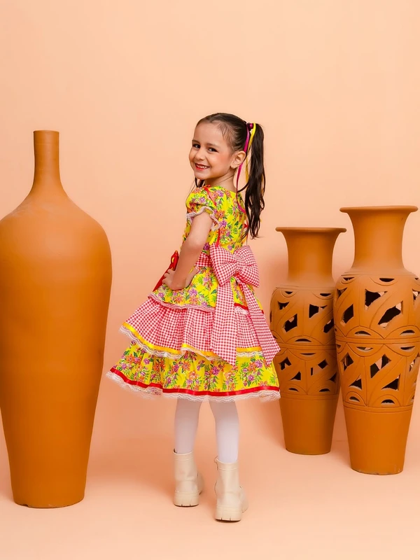 Vestido Junino - Xadrez Florido - Amarelo C/Vermelho