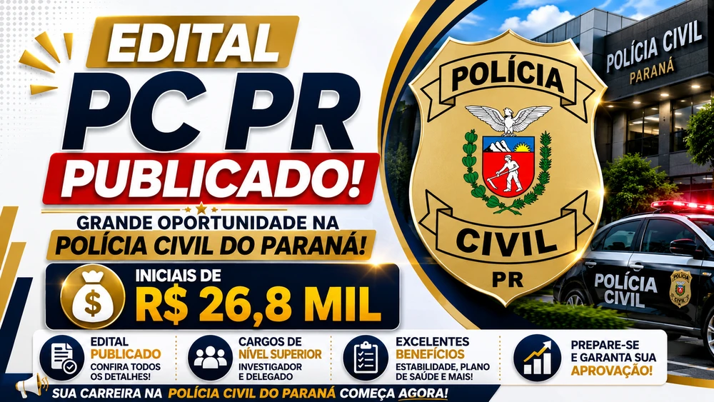 Concurso PC PR 2026: edital publicado para Delegado, Agente e Papiloscopista; salários chegam a R$ 26,8 mil