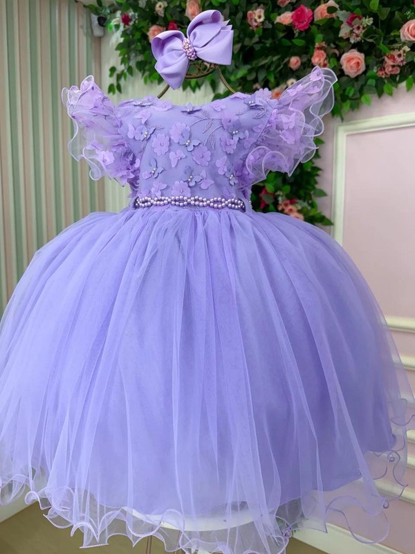 Vestido Luxo Bordado com Borboletas - Lavanda