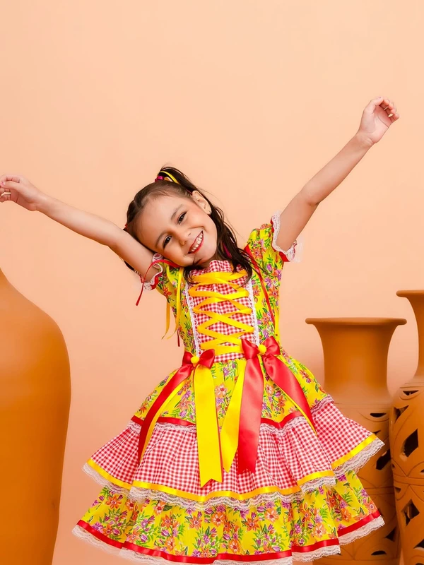 Vestido Junino - Xadrez Florido - Amarelo C/Vermelho