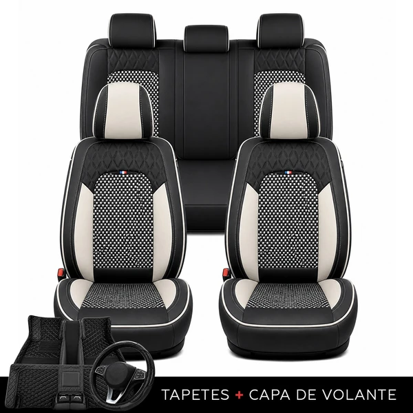 Kit Completo de Capas para Banco de Carro Reverse em Couro Legítimo Universal 5 Lugares Com Airbag + Tapetes e Capa de Volante