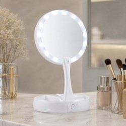 Espelho de Maquiagem LED Dupla Face Aumento 10x Retrátil Portátil com Organizador Branco 