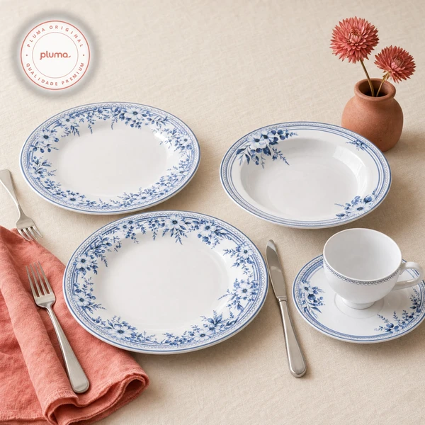 Aparelho De Jantar 20 Peças Tramontina Azzura Em Porcelana Decorada 2 Cor Branco