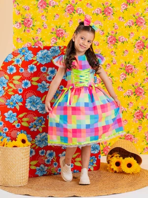 Vestido Junino - Xadrez Cores do Arco-íris 