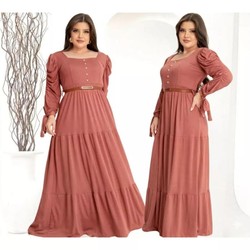 Vestido Longo Feminino Manga Longa Com Perolas E Laço Moda Evangelica Plus Size Para Congresso Luxo