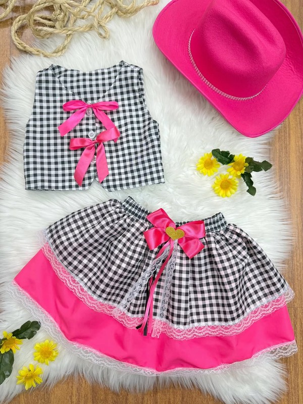 Conjunto Xadrez - Preto C/ Rosa e Laços 