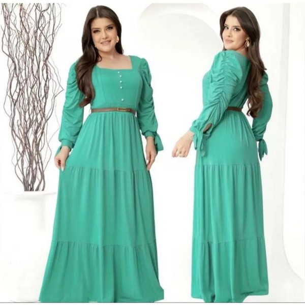 Vestido Longo Feminino Manga Longa Com Perolas E Laço Moda Evangelica Plus Size Para Congresso Luxo