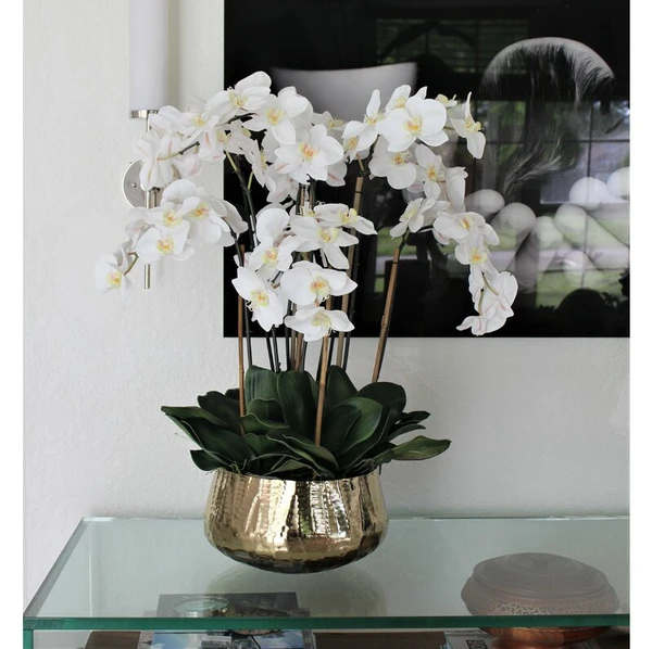 Arranjo Floral de Orquídeas Phalaenopsis em Vaso Dourado