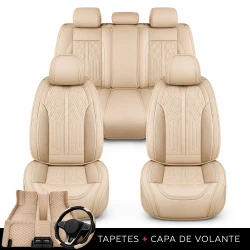 Kit Completo de Capas para Banco de Carro Avalon em Couro Legítimo Universal 5 Lugares Com Airbag + Tapetes e Capa de Volante
