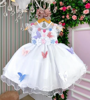 Vestido Luxo com Aplicações de Borboleta - Jardim Encantado - Branco 