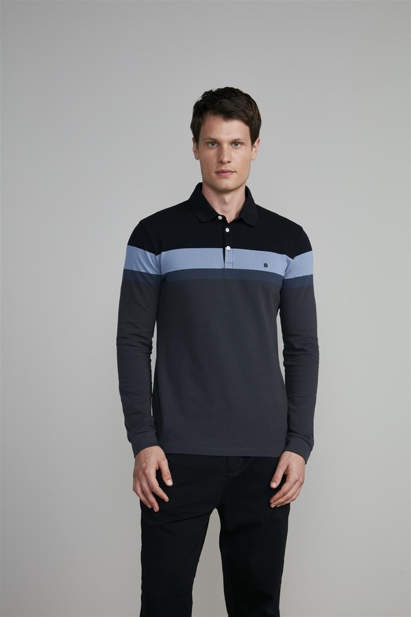 Camisa Polo Manga Longa Piquet Slim Fit - Preto-Cinza Chumbo