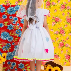 Vestido Junino Novinha com Véu - Branco Com Corações  
