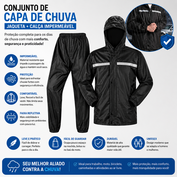 Capa de Chuva Impermeável Motoqueiro Com Touca E Viseira - G