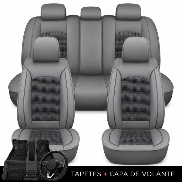 Kit Completo de Capas para Banco de Carro Turbo em Couro Legítimo Universal 5 Lugares Com Airbag + Tapetes e Capa de Volante