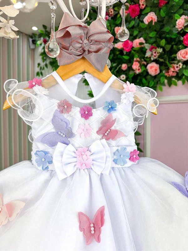 Vestido Luxo com Aplicações de Borboleta - Jardim Encantado - Branco 