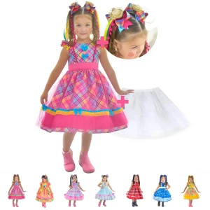 Vestido Festa Junina Xadrez  + Saia de Armação + 2 Laços