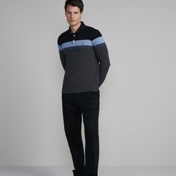 Camisa Polo Manga Longa Piquet Slim Fit - Preto-Cinza Chumbo