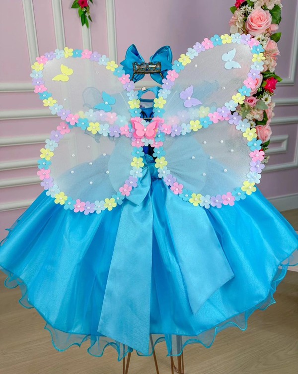 Vestido Fantasia Luxo - Jardim Encantado Azul Tiffany - Acompanha Asa