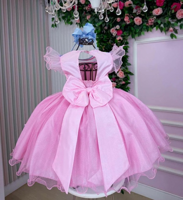 Vestido Fantasia Luxo – Jardim Encantado - Rosa C/Borboletas Azuis 