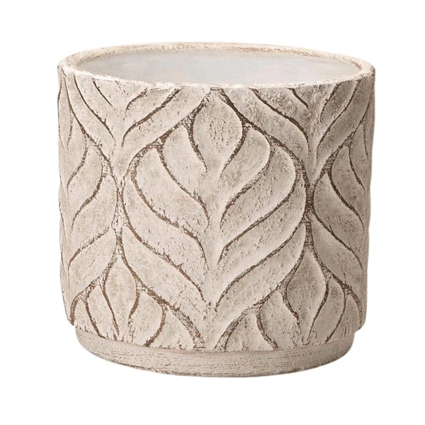 Vaso Cachepot em Cimento Detalhes Folhas Branco 17cm
