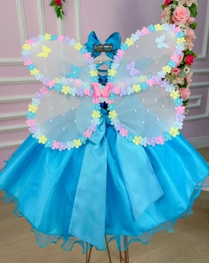 Vestido Fantasia Luxo - Jardim Encantado Azul Tiffany - Acompanha Asa