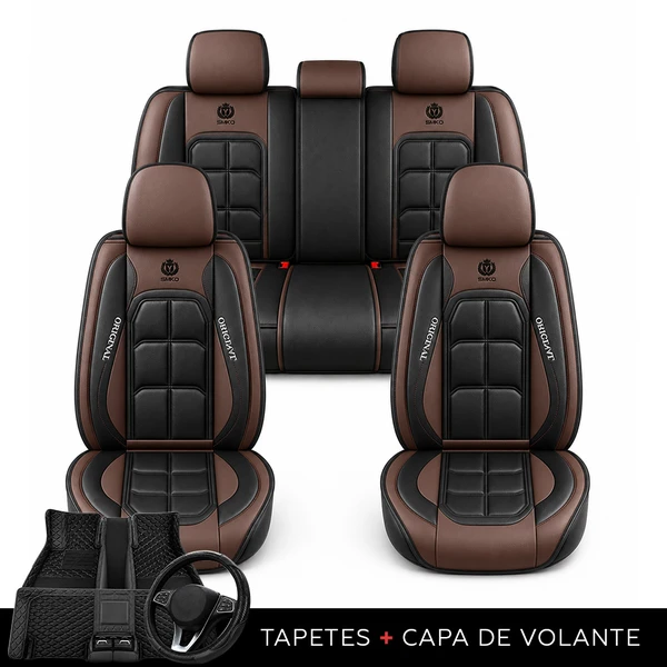Kit Completo de Capas para Banco de Carro Velox  em Couro Legítimo Universal 5 Lugares Com Airbag + Tapetes e Capa de Volante