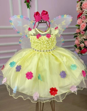 Vestido Fantasia Luxo - Jardim Encantado Amarelo - Acompanha Asa