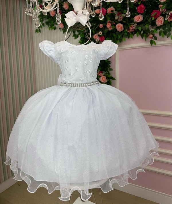 Vestido Luxo Manga Princesa - Branco Bordado 