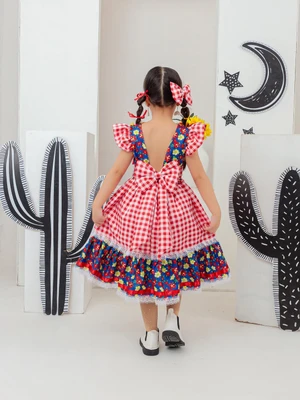 Vestido Junino - Xadrez Floral Com Coração Bordado 