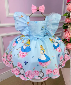 Vestido Temático Estampado - Alice no Pais das Maravilhas  