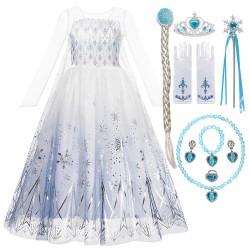 Fantasia Elsa Completa + Coroa + Varinha Mágica + Cabelo + Luva + Colar, Brinco, Anel e Pulseira