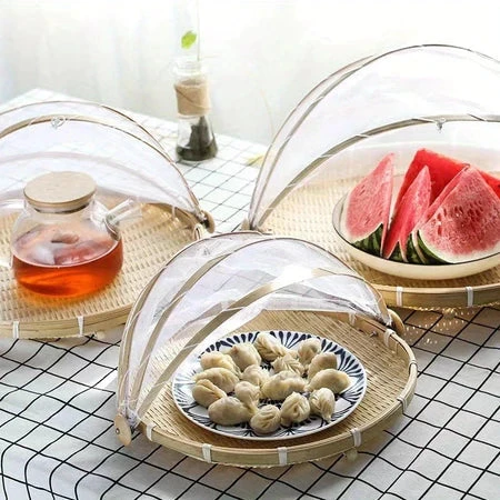 CestFresh - Cesto de Bamboo Com Cobertura de Tela Retrátil Protetor de Alimentos - Entrega Grátis