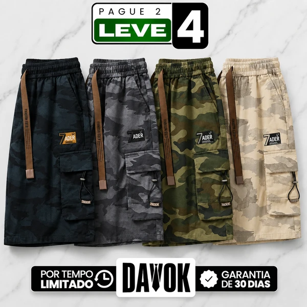 [Leve 4, Pague 2] Bermuda Zader Masculina em Algodão Twill, Poliéster e Elastano de Modelagem Ampla com Bolsos Cargo Utilitários 