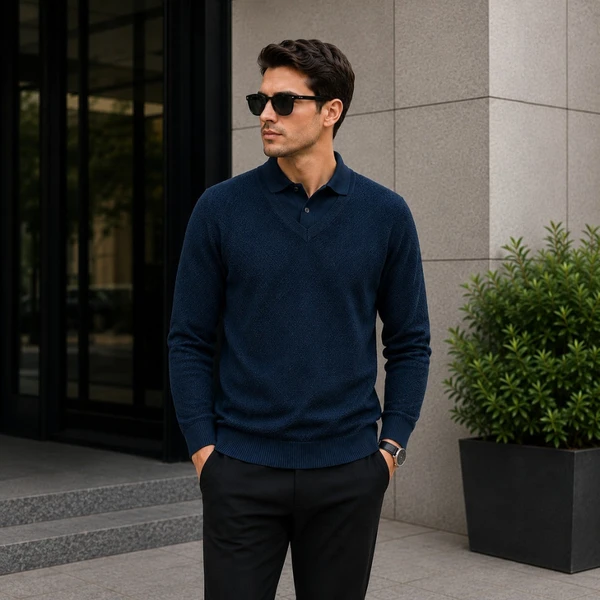 Suéter Polo Velluto em Malha Texturizada Premium com Gola Integrada(COMPRE 1 LEVE2)