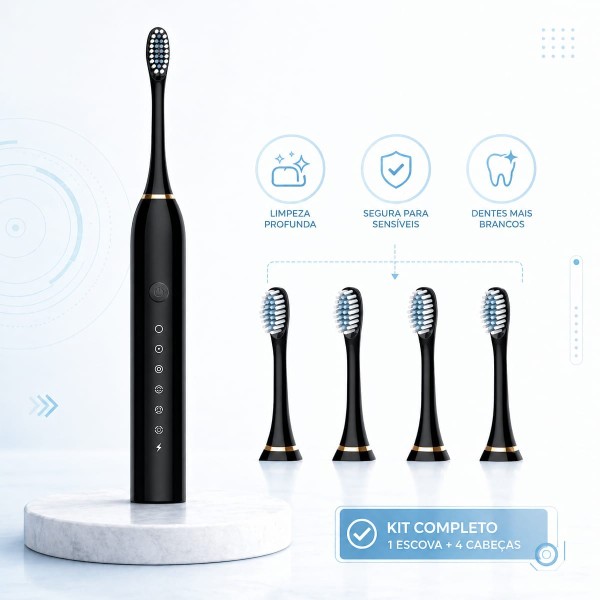 Escova de Dente Elétrica Sônica Ultrassônica Recarregável Bivolt 6 Modos com 4 Cabeças e Temporizador