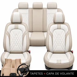 Kit Completo de Capas para Banco de Carro Averon em Couro Legítimo Universal 5 Lugares Com Airbag + Tapetes e Capa de Volante