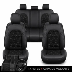 Kit Completo de Capas para Banco de Carro Evurion em Couro Legítimo Universal 5 Lugares Com Airbag + Tapetes e Capa de Volante