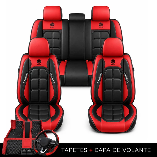Kit Completo de Capas para Banco de Carro Velox  em Couro Legítimo Universal 5 Lugares Com Airbag + Tapetes e Capa de Volante